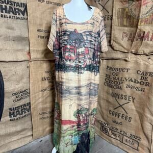 Gracila NEW Womens Maxi Dress Scenic Art Print Short Sleeve Boho M/L Artsy Lined